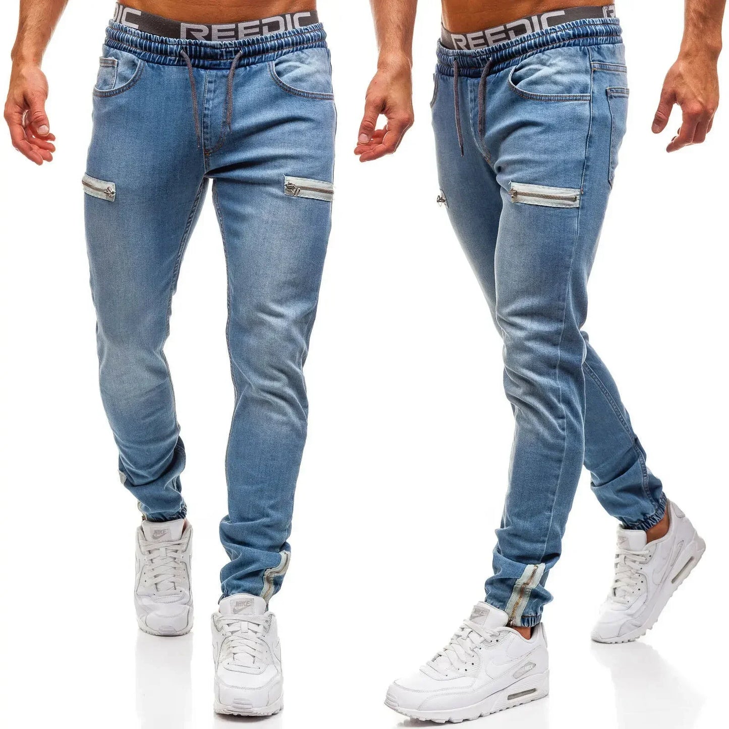 Jeans Men Casual Drawstring Elastic Waist Denim Skinny Trousers Pencil Pants Vintage Streetwear Washed Ankle Length Denims