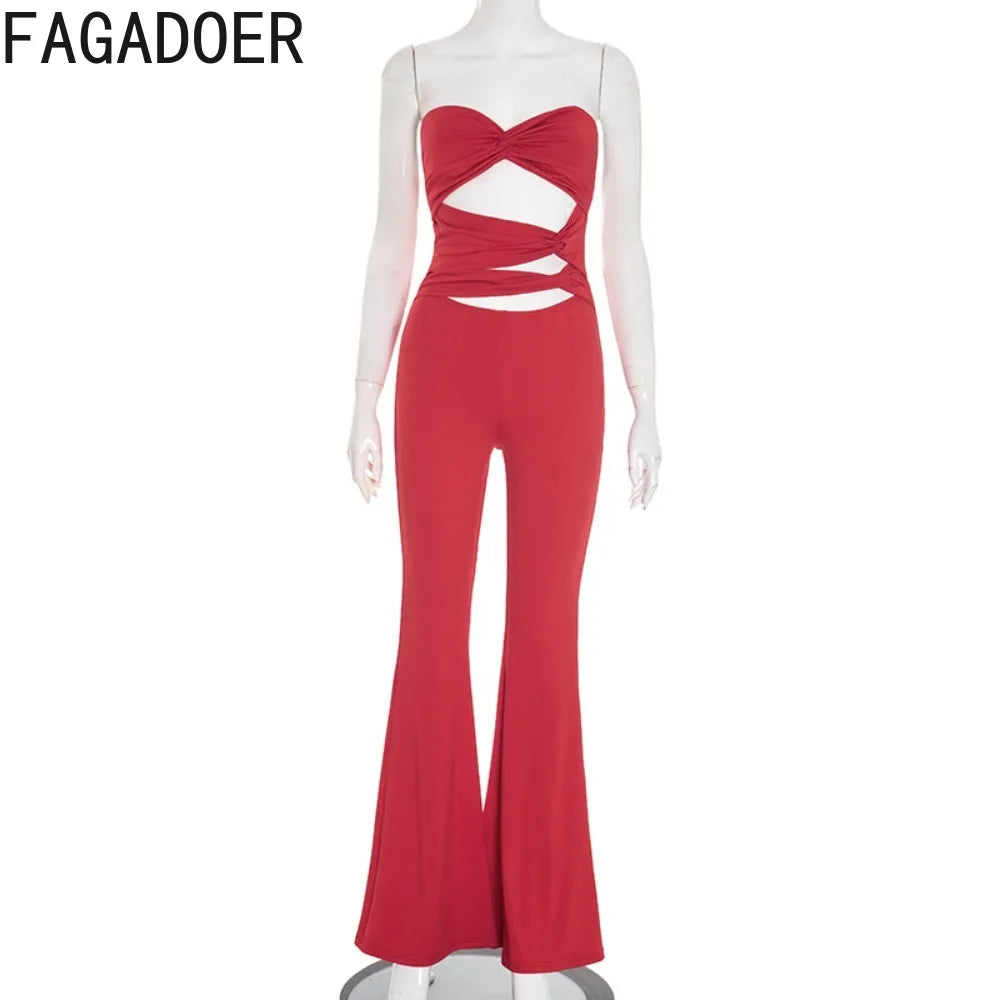 FAGADOER Spring New Sexy Hollow-out Bodycon Jumpsuits Woman Solid Color Sleeveless Backless Rompers Female Streetwear Overalls