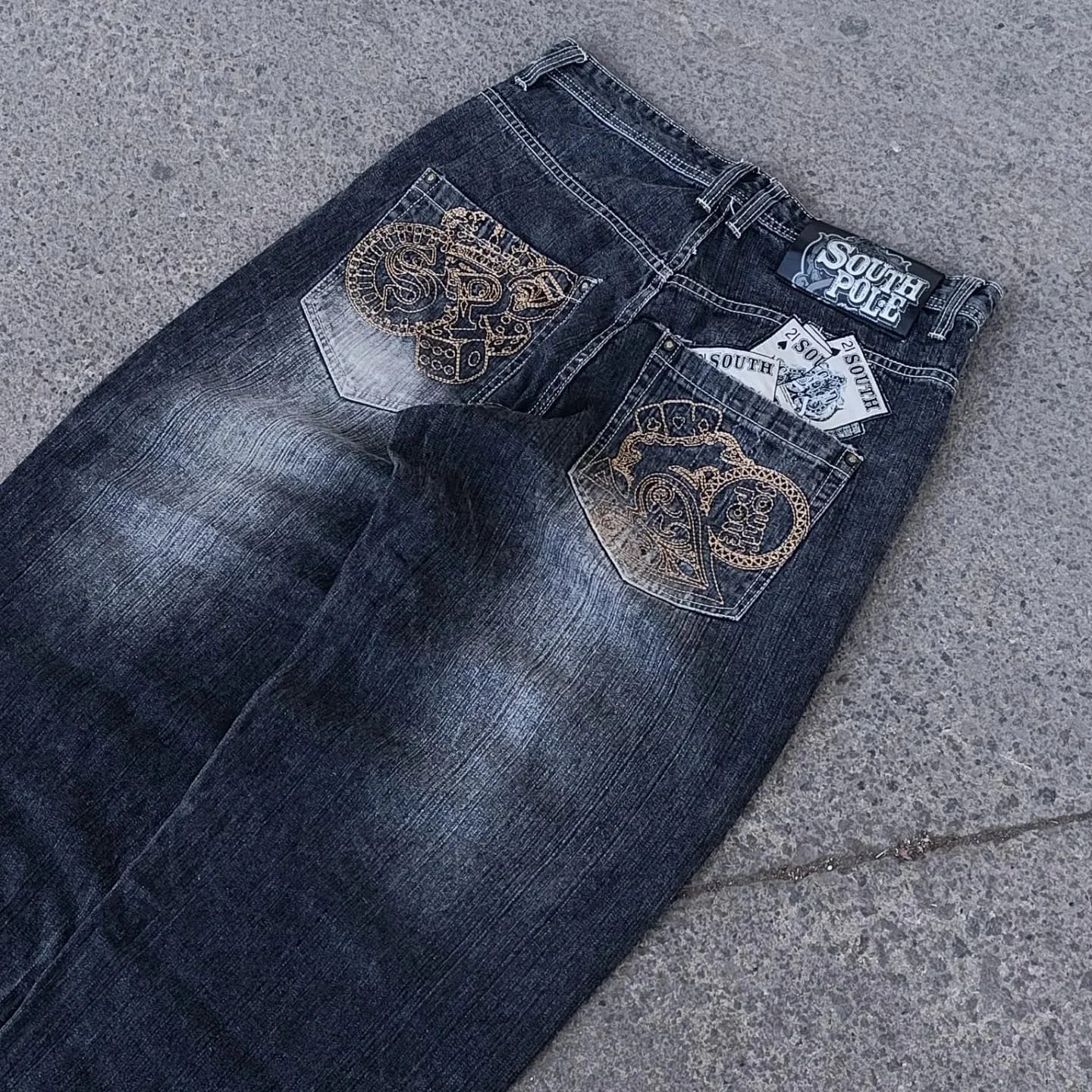 2000s washing old vintage printed jeans men gothic trend loose pants super large washing hip hop fashion wide pants