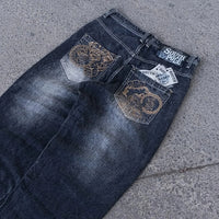 2000s washing old vintage printed jeans men gothic trend loose pants super large washing hip hop fashion wide pants