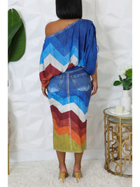 Geometric Print Short-Sleeve Ruffled Crop Top with Drawstring Split Midi Skirt 2-Piece Outfit