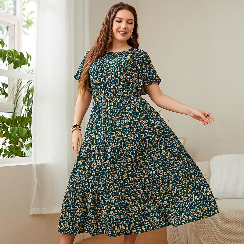 KEBY ZJ Big Size Women&#39;s Clothing Dress Summer O-Neck Floral Print Midi Dresses Urban Elegant Casual Ladies Plus Size Long Dress