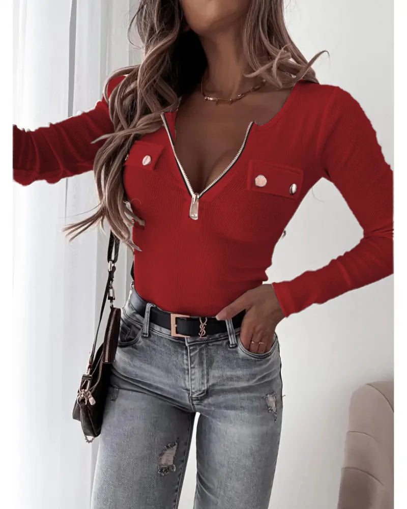 Y2K women's fashion simple slim top new V-neck long-sleeved casual T-shirt elegant zipper autumn and winter threaded knitted top