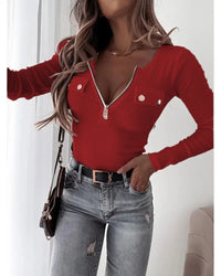 Y2K women's fashion simple slim top new V-neck long-sleeved casual T-shirt elegant zipper autumn and winter threaded knitted top