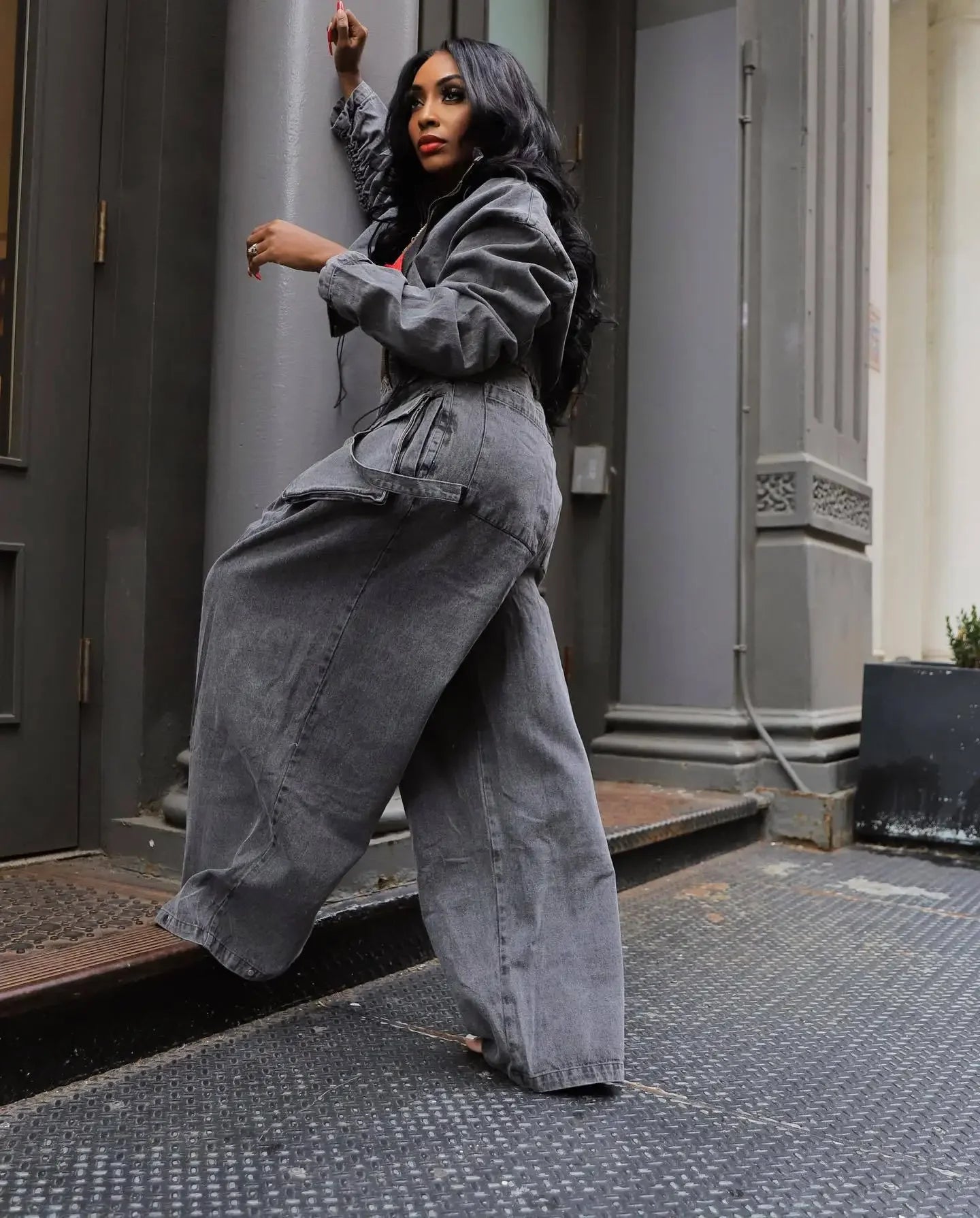 fashion retro women's casual wide leg loose heavy duty denim two-piece Mega Mart Center fashion retro women's casual wide leg loose heavy duty denim two-piece Mega Mart Center