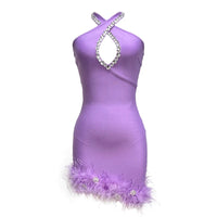 Factory Wholesale Women's Purple Halter Neck Rhinestones Feather Mini Sexy Boutique Celebrity Cocktail Party Bandage Dress