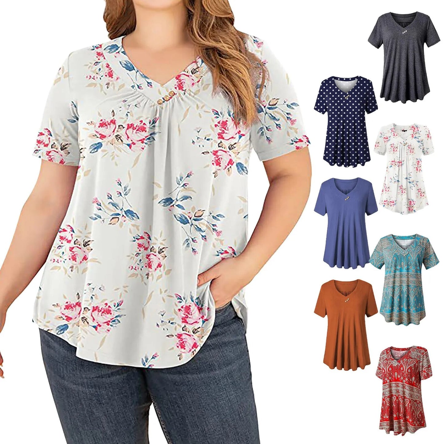 Vintage Floral Pleated Tunic Tops Summer Women'S Boho Print Casual Short Sleeve Button Shirt 2023 Summer Loose Pullover Blusas