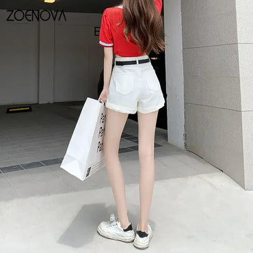 ZOENOVA 2023 Street Style High Waist Denim Shorts Rolled Edge In Candy Colors Sexy A Line All Match Shorts with Black Belt Y2K