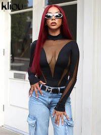 Kliou Mesh Patchwork Bodysuits Women Hipster Unique See Through Stand Collar Body-shaping Playsuit Female Casual Street Clothing