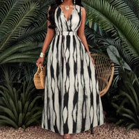 Women's Dress New Summer Sexy Fashion V-neck Top Lace-Up Printed Pleated Waist Sleeveless Slim Fit Boho Maxi Dresses For Women