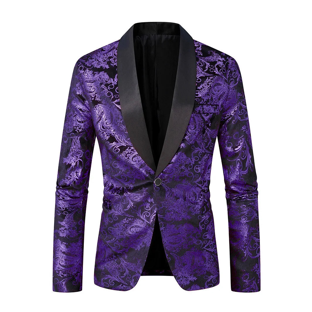 Burgundy Men's Long-sleeved Suit Jacket, Purple Printed Black Collar Single-button Coat, Wedding/Party/Stage Performance Blazers