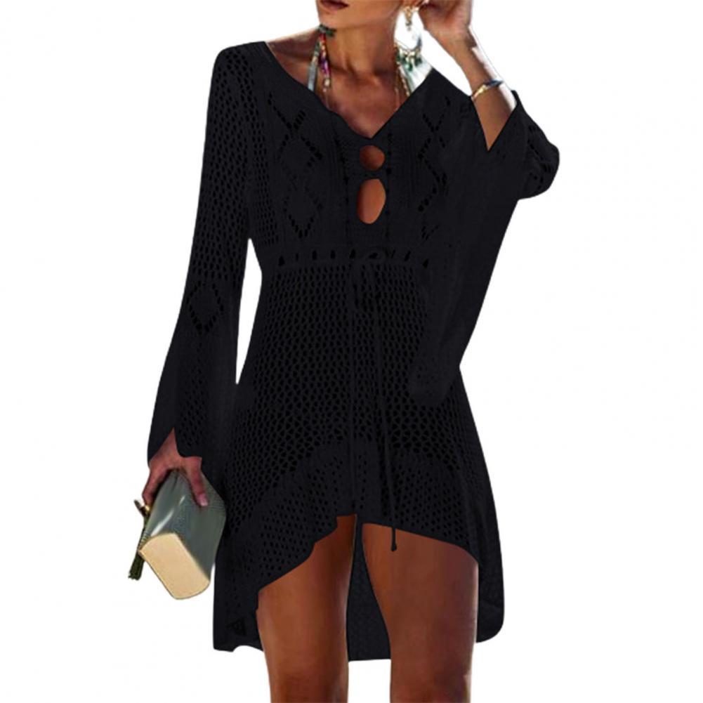 Sexy 2022 Beach Cover Up Crochet Knitted  Women Flared Sleeves Beach Dress