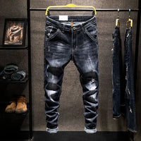 American Elastic Straight Jeans Men Ripped Worn-out Slim-fit Cotton Denim Pants Korean Style Fashion Blue Black Men's Clothing