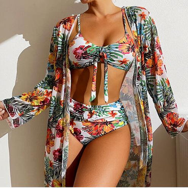 2023 Sexy New 3 Pcs Long Sleeve Bikini Cover Up Swimwear Women Beach Wear High Waist Shorts