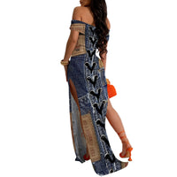 Denim Print Off-Shoulder High Slit Maxi Dress - Women's Trendy Urban Party Evening Resortwear Date Night