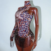 NEW womens bodysuit Sexy Leopard sequin tassels High Collar Bodycon team performance pole dance drag queen outfit singer stage