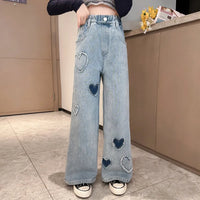Wide Leg Jeans for Girls 6 8 9 10 11 12 14 Years Spring Autumn Loose Vintage Straight Retro Pants Fashion Teenage Kids Trousers
