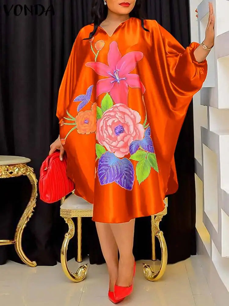 Plus Size 5XL VONDA Women Bohemian Long Sundress Autumn Floral Printed Elegant Midi Dress 3/4 Bat Sleeve Casual Loose Retro Robe