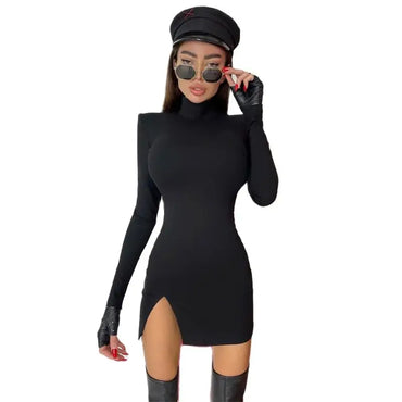 Long Sleeve High Neck Dress, Split Shoulder Pad, Slim Fit Dress, Stylish and Sexy, European and American, Spring, New, 2023