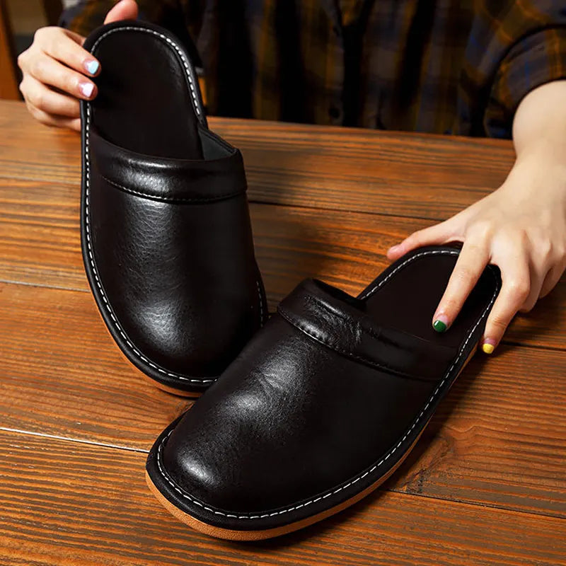 Indoor Leather Slippers Men Home Cheap Shoes 2025 Spring New Style Flat Mules High Quality Unisex House Slippers