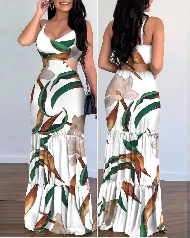Pencil Dresses Women V Neck Backless Hollow Sling Dress Print Slim Fit Casual Sleeveless Pleated Vestidos Elegant Summer