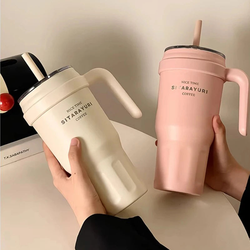 Large Insulated Water Bottle Stainless Steel Tumbler With Handle Straw Travel Gym Thermos Mug For Ice Hot Coffee Juice 1100ml