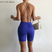 Women's Wholesale Romper Short Jumpsuit Summer 2024New Solid Color Lanyard Straight Neck Open Back Jumpsuit