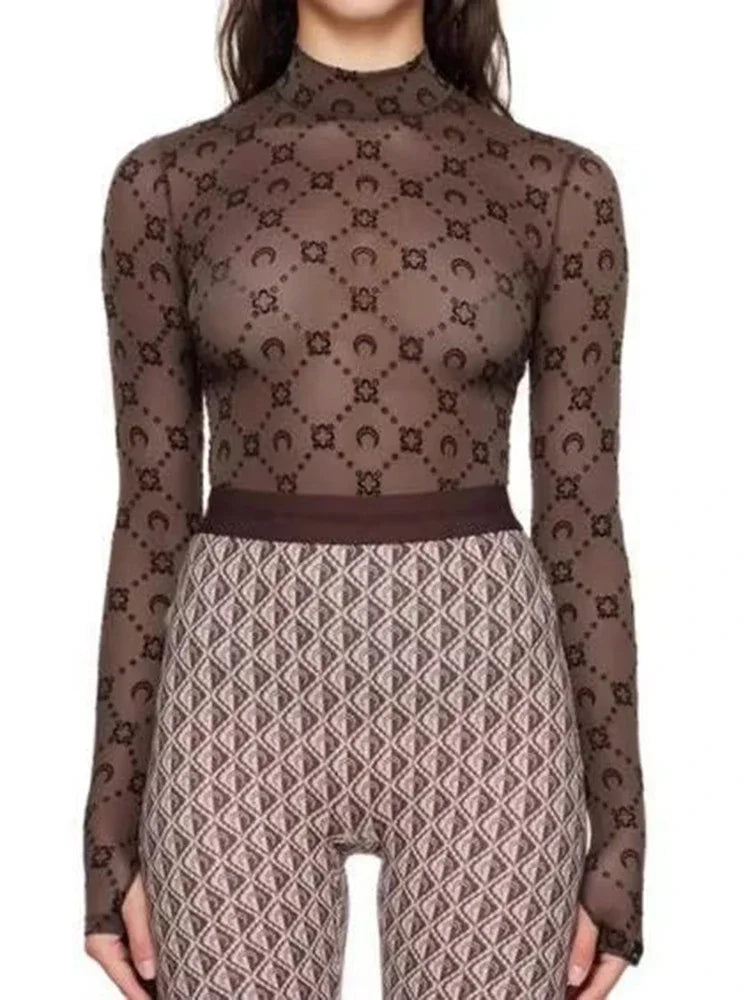 Spring Fashion and Sexy Perspective Women's Pullover Mesh T-Shirt New Semi High Neck Long Sleeved Slim Fit Elastic Women T-Shirt