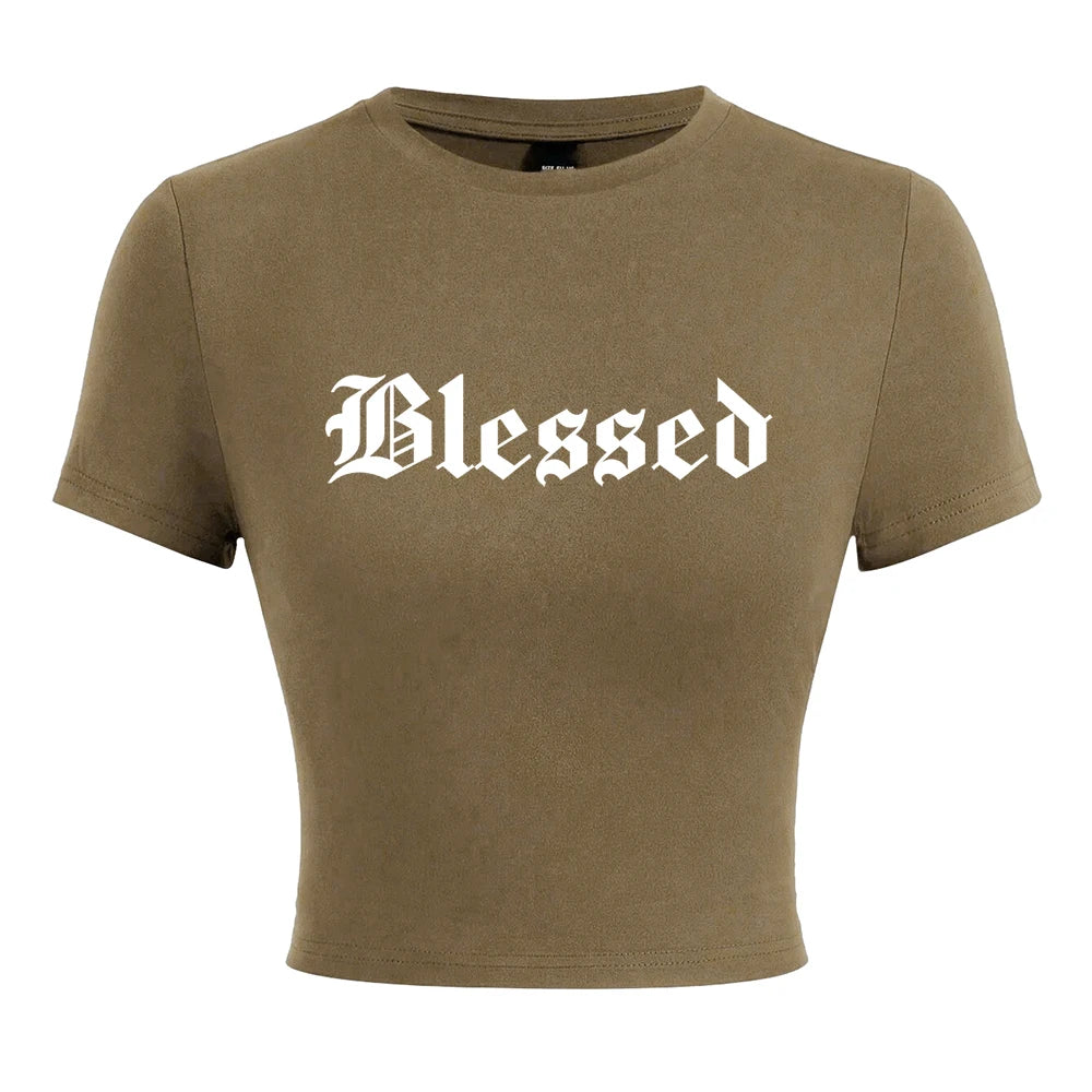 Blessed Creativity Letter T Shirt Women Street Casual Tees Soft Tight Fitting Short T-Shirt Elastic Comfortable Tee Clothes