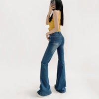 High-Waist Flared Bell-Bottom Jeans for Women — Retro Slim Fit Stretch Denim with Side Button Accent