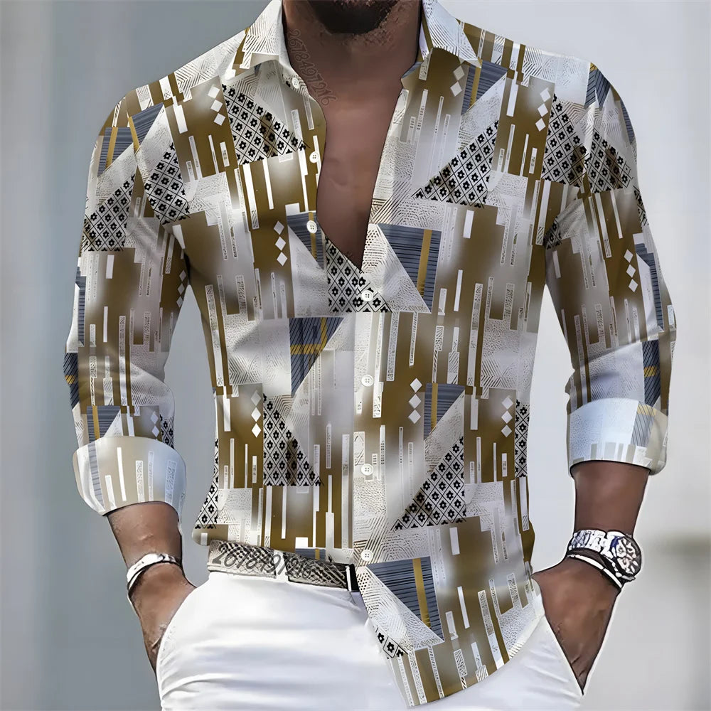 American retro patchwork print men's long-sleeved shirt, casual spring and autumn turn-down collar cardigan, plus size men's top