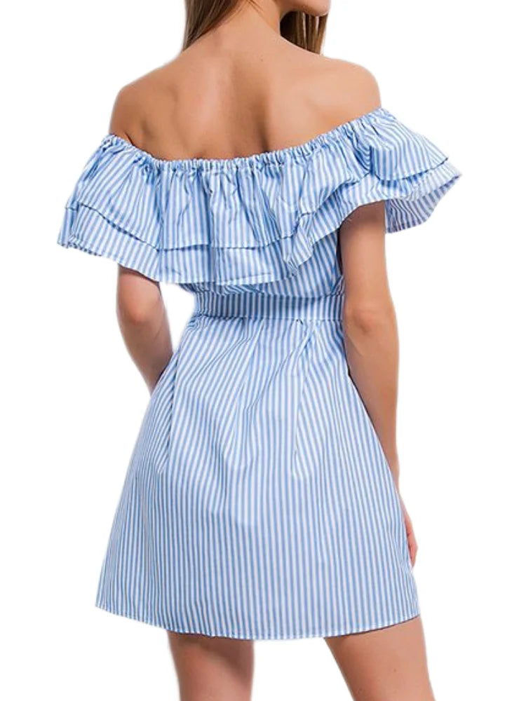 Off Shoulder Strapless Striped Ruffles Dress Women 2023 Summer Sundresses Beach Casual Shirt Short Mini Party Dresses Robe Femme