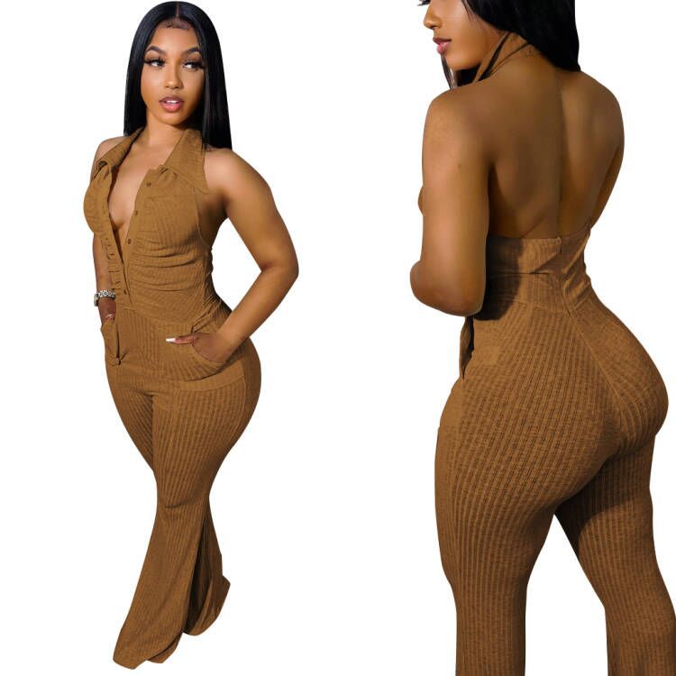 Casaul Women Jumpsuit Knit Ribbbed Backless Halter With Bottom Solid Color Streetwear Long Romper Women Jumpsuit Overalls