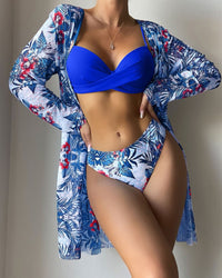 Floral Print Bikini Set Women Low Waist Twist Swimsuit Long Sleeve Cover Up Three Pieces 2023 Summer Beach Bathing Suit Swimwear