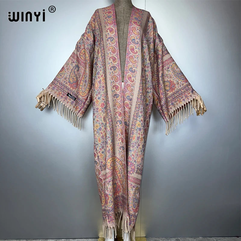 WINYI print tassel winter long cardigan African women winter kimono OverCoat abaya muslim dubai luxury Open Front party dress