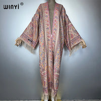 WINYI print tassel winter long cardigan African women winter kimono OverCoat abaya muslim dubai luxury Open Front party dress