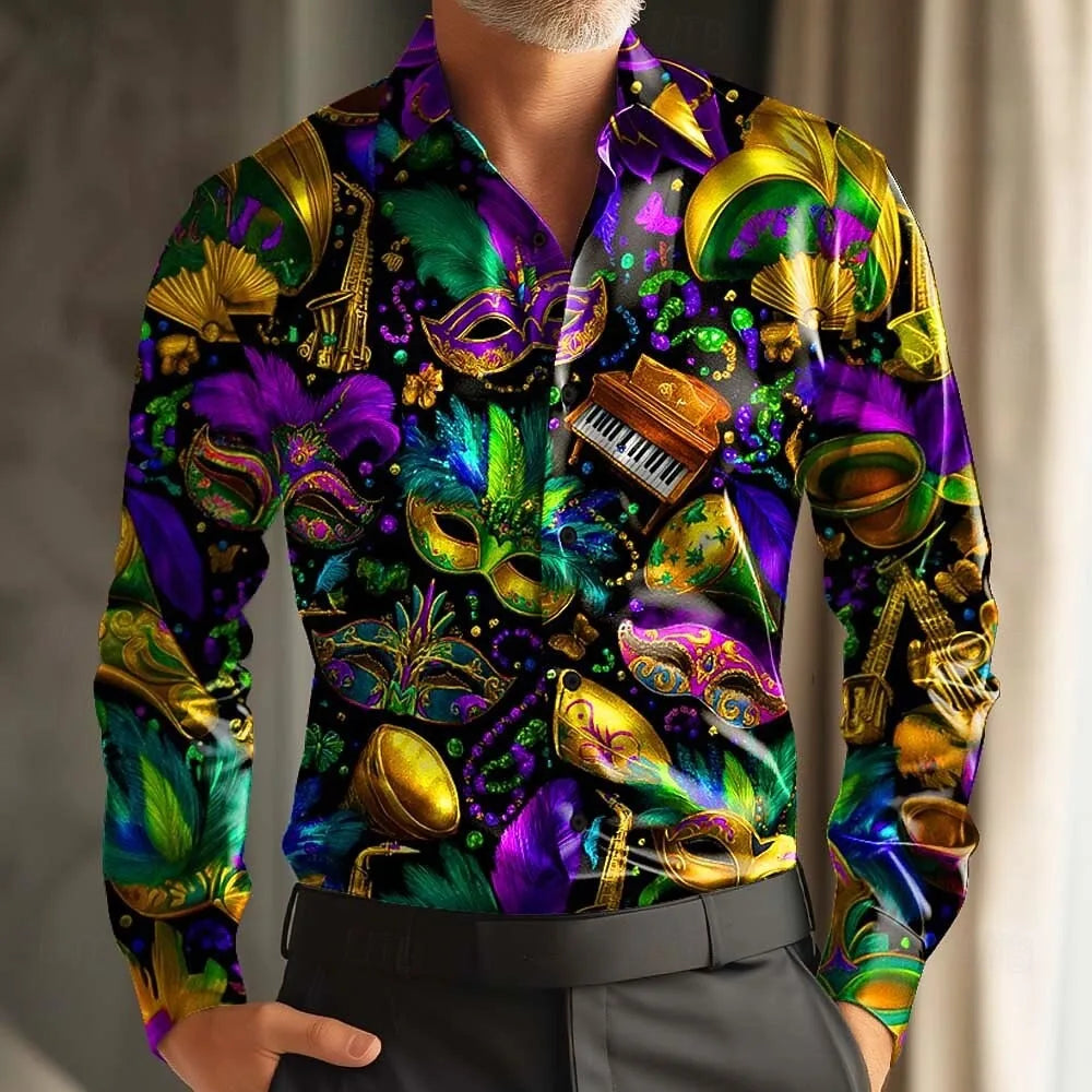 New men's clown pattern 3D printed shirt with clover high-quality fashion casual long sleeved shirt and lapel top