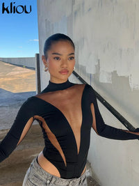 Kliou Mesh Patchwork Bodysuits Women Hipster Unique See Through Stand Collar Body-shaping Playsuit Female Casual Street Clothing