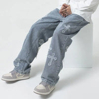 Men's street style loose jeans with vintage cross design, hip-hop trend wide leg pants, casual straight leg denim pants