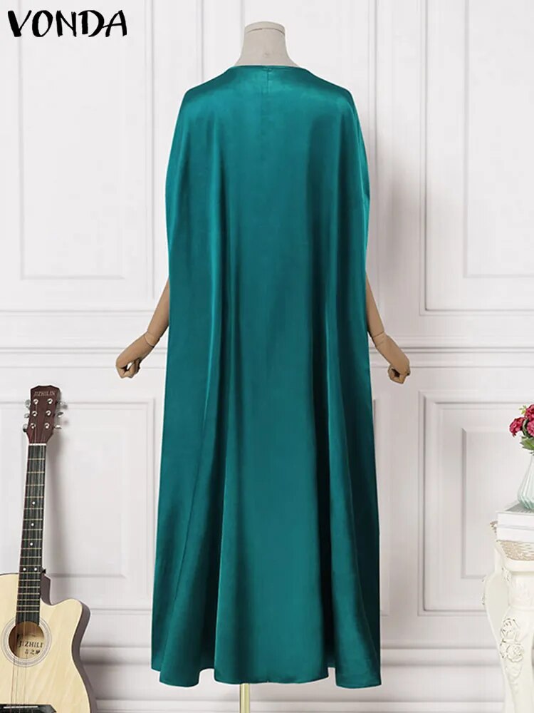 Plus Size 5XL VONDA Women Party Summer Long Maxi Dress Fashion Satin Sundress Bohemian Round Neck 3/4 Bat Sleeve Vestidos Robe