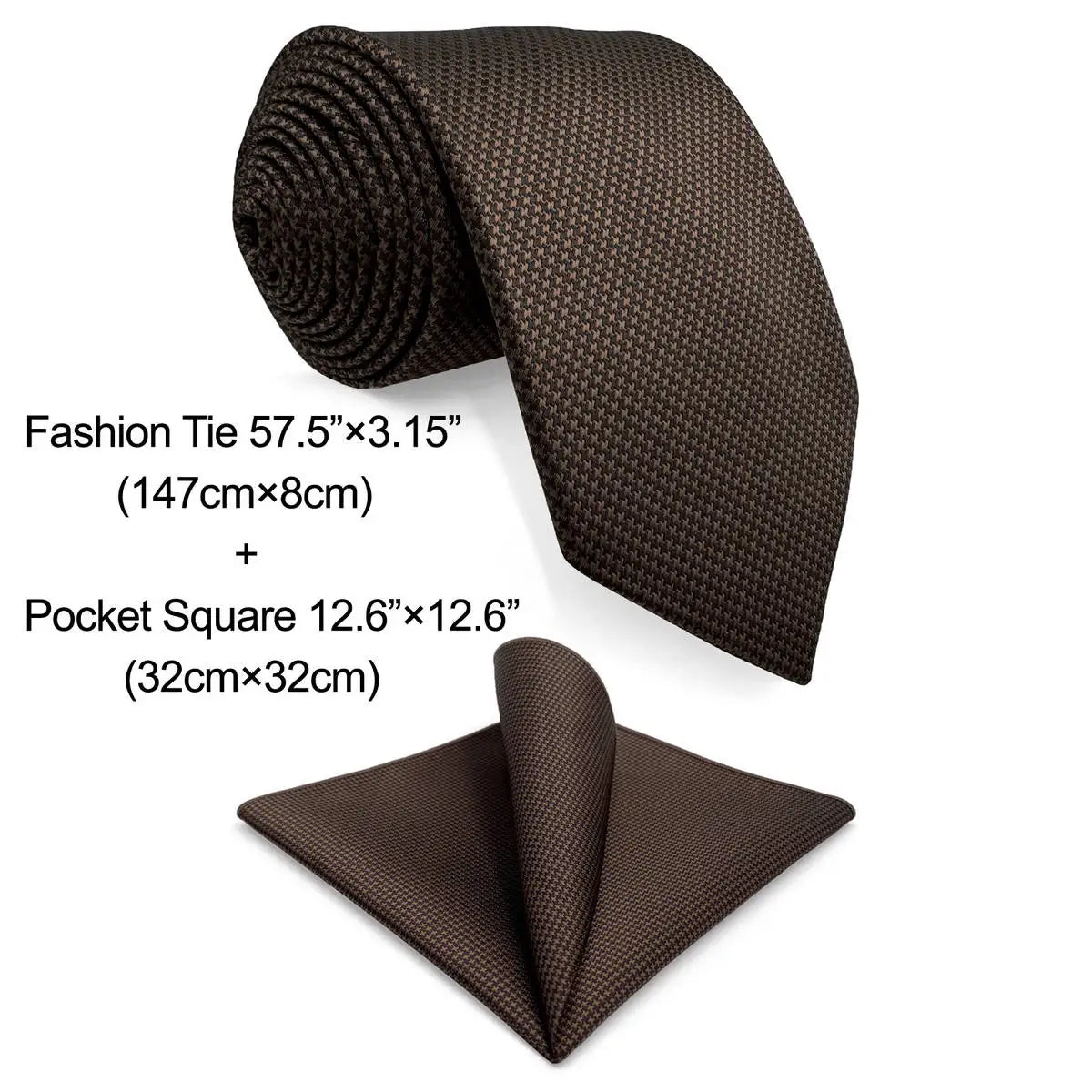 U27 Brown Houndstooth Necktie Set Handmade Wedding Fashion Extra Long Size Classic Ties for Mens Hanky