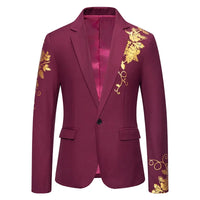 Metal-printed Men's Long-sleeved Suit Jacket, White V-neck Blazers, Wine Red Wedding Party Performance Coat.European Sizes M-3XL