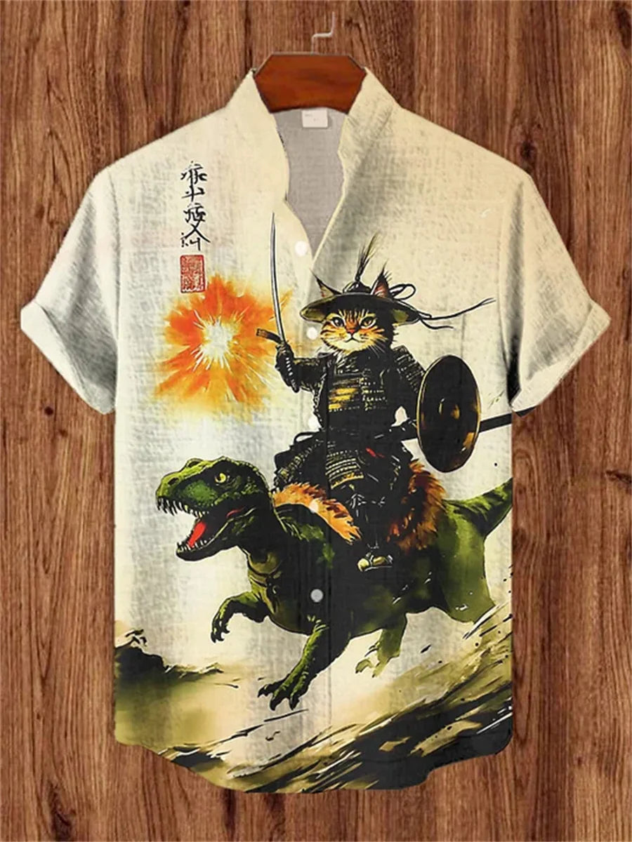 Men's Cat Print Short-Sleeve Shirt, Stand Collar Retro Casual Top, Breathable Slim Fit Shirt, Outdoor Casual Hawaiian Shirt