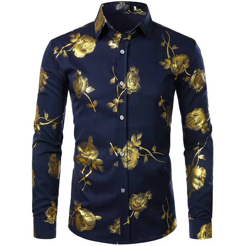 2024 New Men's Gold Shirt 3D Rose Print Slim Fit Button-Down Party Dress Shirt Athleisure Fashion Comfortable Long Sleeve