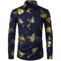 2024 New Men's Gold Shirt 3D Rose Print Slim Fit Button-Down Party Dress Shirt Athleisure Fashion Comfortable Long Sleeve