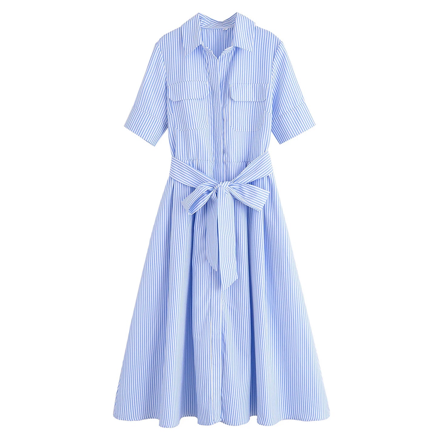 HH Women Fashion Lapel Short Sleeve Pocket Single-Breasted Belt Decorate Midi Dress Female Summer Elegant Slim Pleated Dress