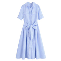 HH Women Fashion Lapel Short Sleeve Pocket Single-Breasted Belt Decorate Midi Dress Female Summer Elegant Slim Pleated Dress