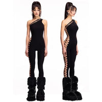 Sexy Streetwear Slanted Shoulder Hollow Sleeveless Jumpsuit Hot Girls Tight Fitting Slimming Bottom Jumpsuit Punk Personality