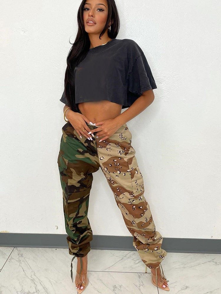 Women High Waist Camo Patchwork Harem Pants 2023 Summer Slim Casual Street Cargo Trousers Vintage Safari Y2K Clothes Streetwear