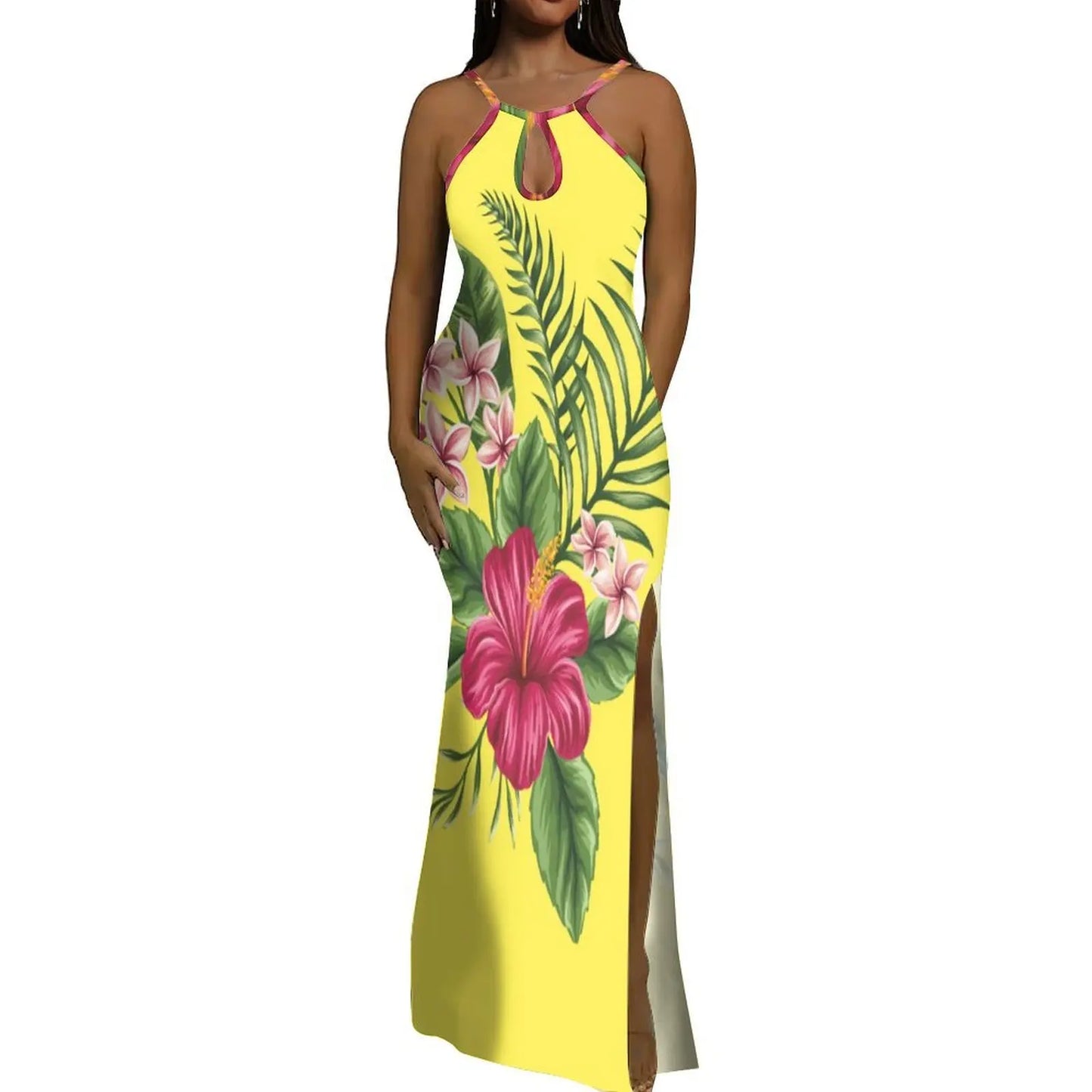 Halter Water Drop Floor-Length Dress For Polynesian Ladies Custom-Made Floral Pattern Evening Dress Stunning Summer Dress